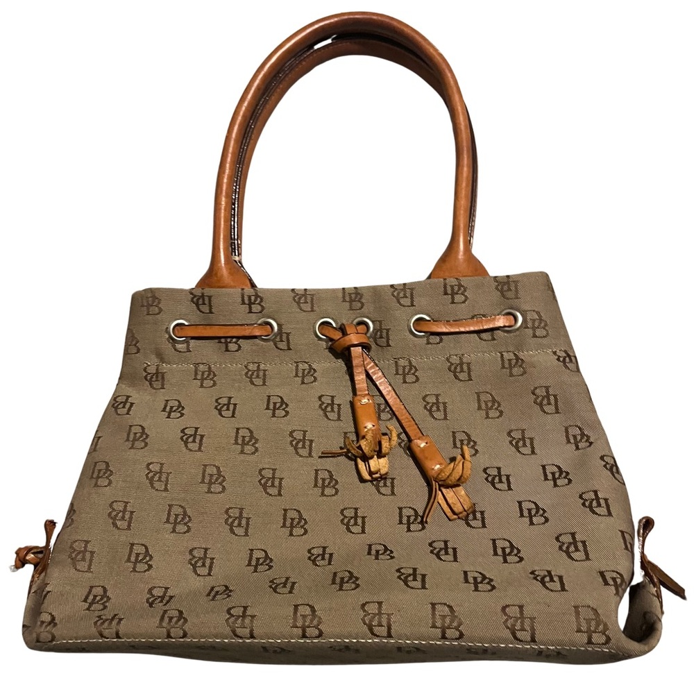 Dooney & Bourke Tan Shoulder Bag with Monogram Pattern and Leather Trim